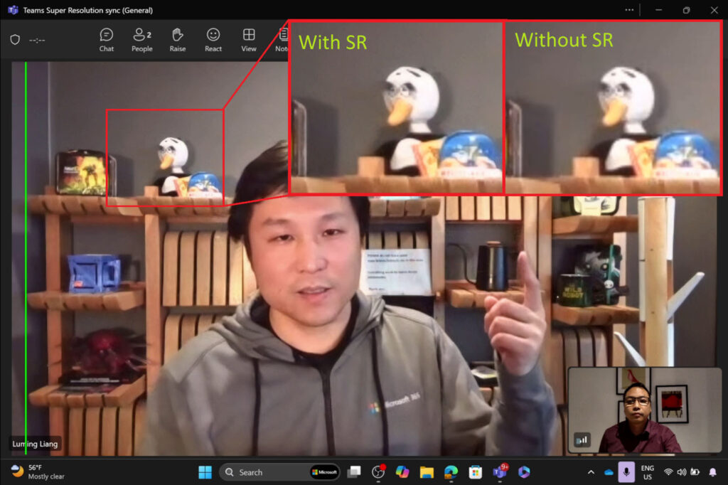 以下视频片段展示了一个2人 Teams 通话，传入视频分辨率为低分辨率（360p），并比较了启用 SR功能前后的通话质量。